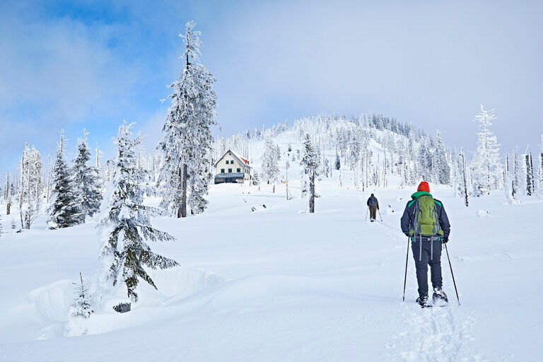 Schneeschuhwanderer durschreiten die Winterland des Bayerischen Waldes.